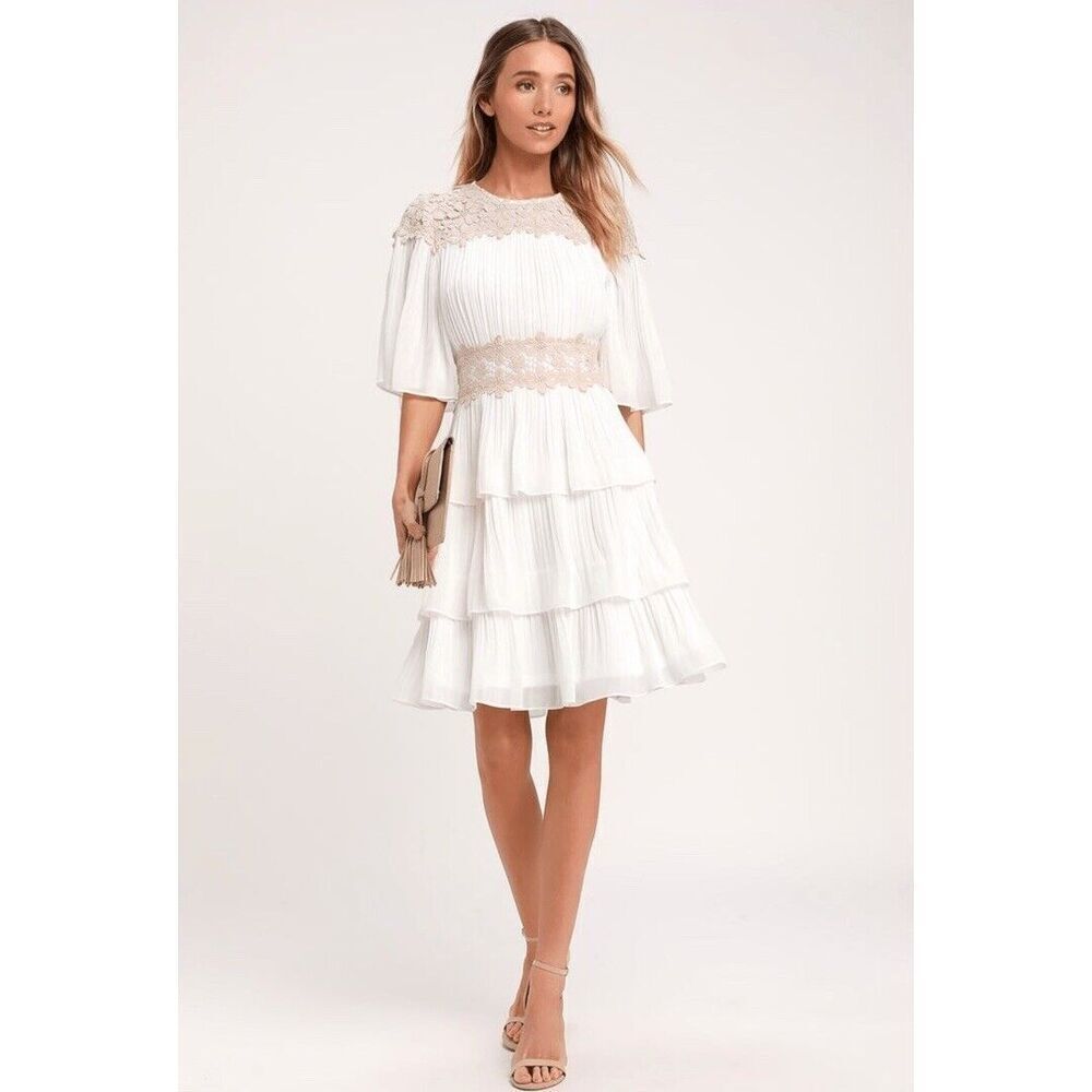 Lulus Westwind Beige Lace Pleated Dress Women Sz XL Wedding White Bell Sleeves - Picture 1 of 13
